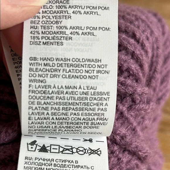 The North Face Youth Purple Knit Beanie with Fluffy Gray Pom-Pom - Picture 6 of 15